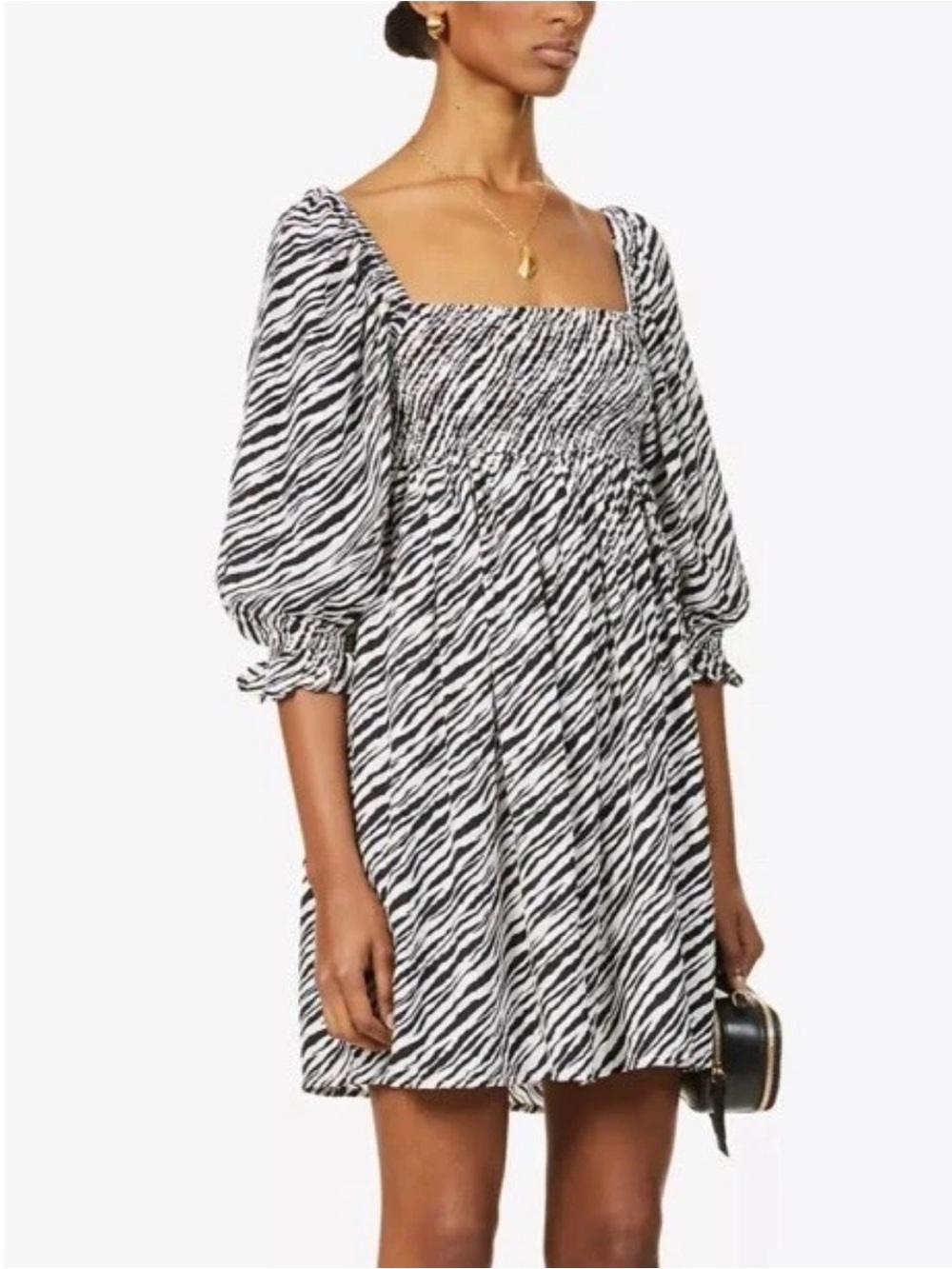 Faithfull the Brand Black & White Zebra Puff Sleeve Mini Dress